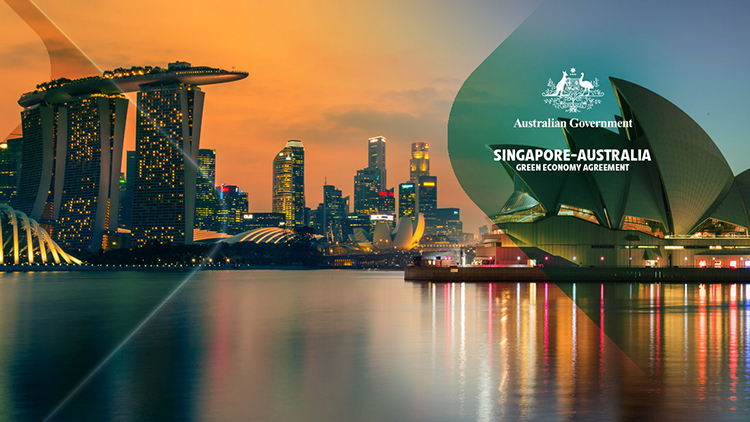 Combined image of Singapore city skyline and the Sydney Opera House