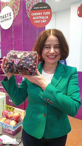 HE Robyn Mudie, Australia’s Ambassador to Vietnam promoting Australian cherries.