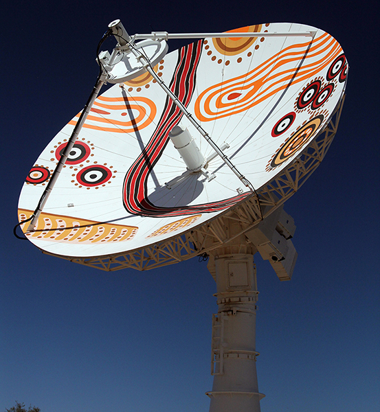 Datron antenna in Alice Springs with Indigenous artwork to recognise the Arrente people as the traditional owners of the land.
