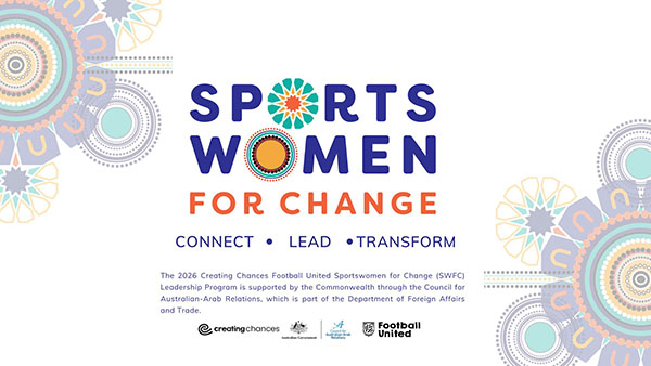 Promotional poster for the "Sportswomen for Change" forum, featuring the slogan "CONNECT • LEAD • TRANSFORM" and colourful circular patterns on both sides. Includes logos for Creating Chances, Australian Government, and Football United, with a note about support from the Council for Australian-Arab Relations.