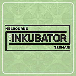 Logo for "The INKubator" featuring the words "Melbourne" and "Slemani" on a green patterned background. "THE INKubator" is displayed in bold black uppercase letters within a rectangular border.