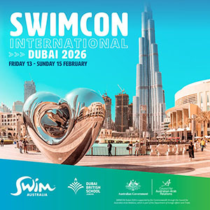 Promotional poster for SWIMCON International in Dubai 2026, scheduled from Friday 13 February to Sunday 15 February. The background features the Burj Khalifa and a large reflective heart sculpture in a cityscape. Logos of Swim Australia, Dubai British School Jumeirah, Australian Government, and Council for Australian-Arab Relations are displayed at the bottom.