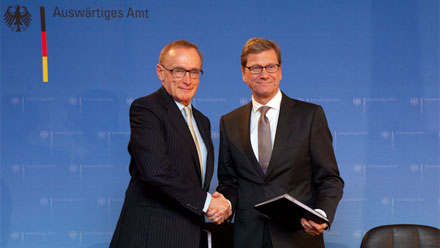 Australia's Minister for Foreign Affairs Bob Carr and Germany's Minister for Foreign Affairs Dr Guido Westerwelle shaking hands