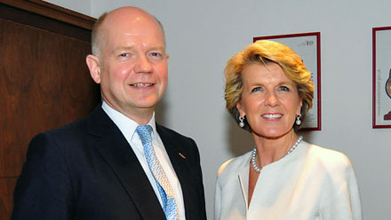 Foreign Minister Julie Bishop meeting William Hague, the Secretary of State for Foreign and Commonwealth Affairs, UK at the pre-CHOGM Foreign Ministers meeting.