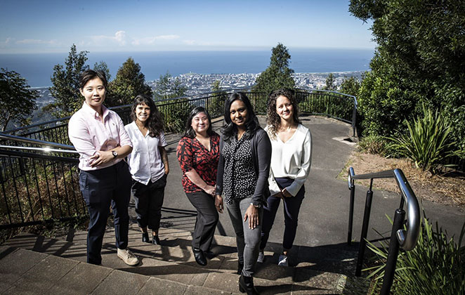 WREN (Women Research Engineer’s Network) team at Mount Keira Lookout, a local landmark of Wollongong city (NSW – Australia). From left to right:  Dr Emily Yan, Dr Marcella Papini, Ms Grace Kennedy, Dr Apsara Jayasekara and Dr Mainã Garcia.