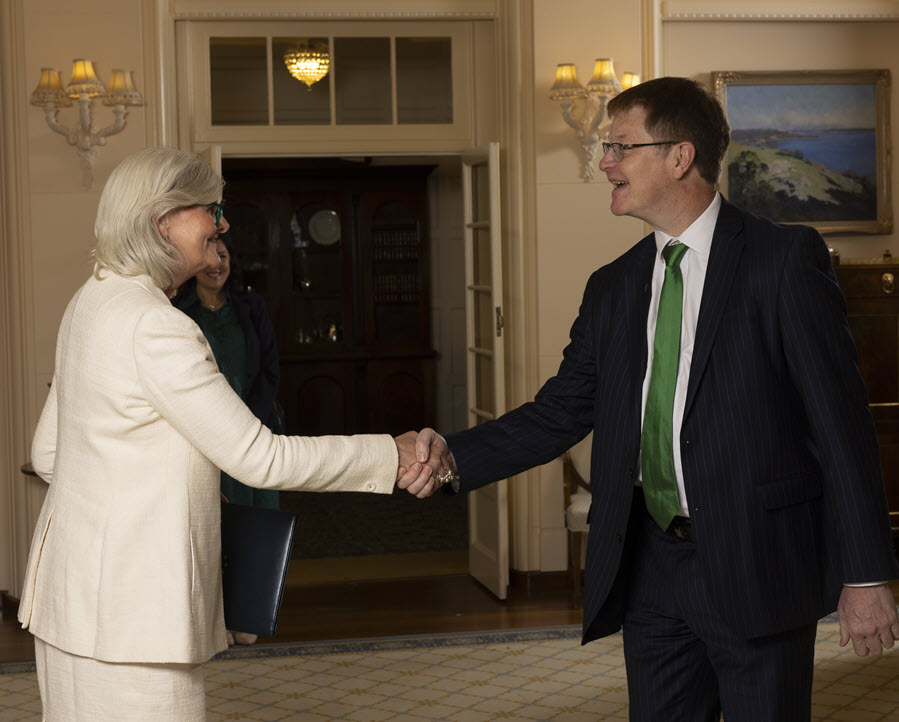 Two formally dressed officials shaking hands during a diplomatic or government meeting. Woman wears a cream jacket, while man wears a dark pinstriped suit with green tie, inside an elegant room with chandeliers, furniture, and framed artwork.
