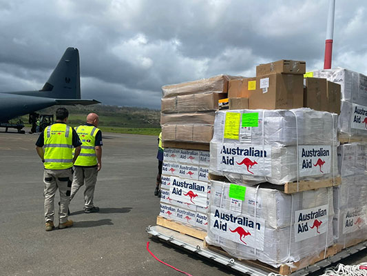 Australian Government relief supplies at Port Vila airport following Tropical Cyclones Judy and Kevin.
