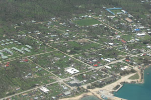 An aerial image of the damage on Lifuka Island, Ha'apai