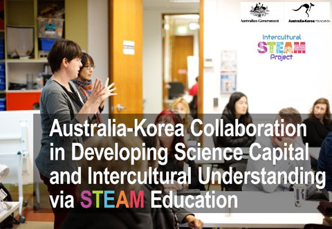 teachers standing around a table in discussion with caption in photo. Australia-Korea Collaboration in Developing Science Capital and Intercultural Understanding via STEAM Education