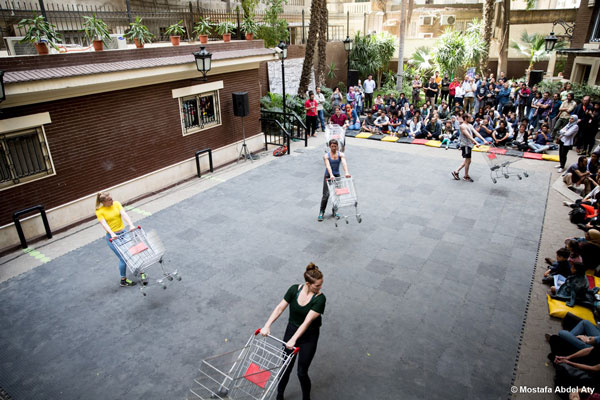 Performance on a street with trolleys