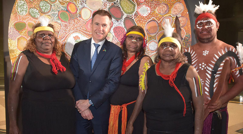 Photo of Indigenous Champion, Richard Maude and Indigenous Elders that performed at the Songlines Art Exhibition.
