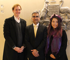Elliot Brennan (l) and Johanna Chen (r) with Ravi Kewalram, Deputy Head of Mission, at the Australian Embassy (Photo JChen)