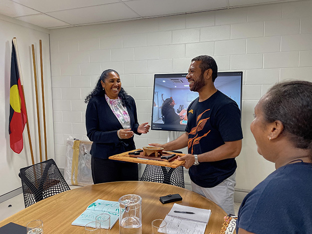 Torres Strait Regional Authority CEO, Vonda Malone, meeting with Australian Volunteers Program’s Deputy Director for the Pacific, Apai Rokotuni, during a community engagement visit to Thursday Island