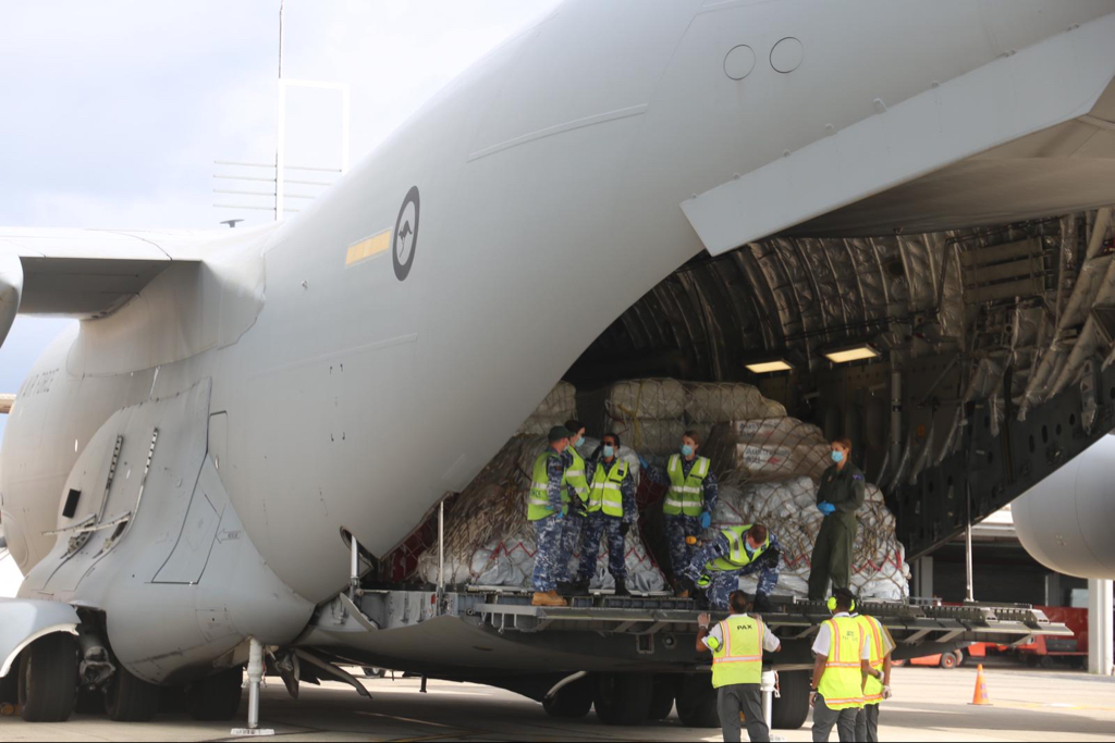 Emergency relief supplies arrive on an Australian Defence Force C-17A Globemaster flight into Nadi Airport on 20 December 2020.