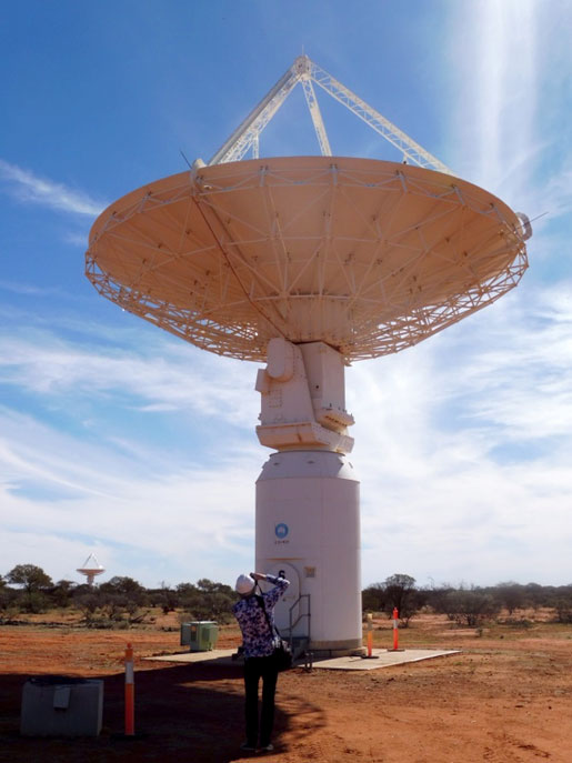 Netherlands Editor in Chief for All About Astronomy looks up at a huge satellite dish.
