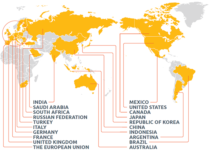 A map highlighting all G20 countries.