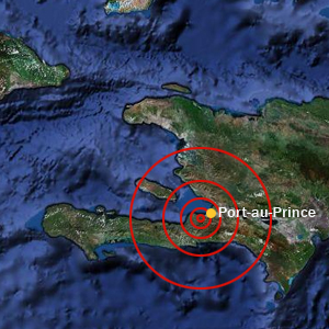 Satellite-type photo of Haiti showing the earthquake epicentre just west of Port-au-Prince
