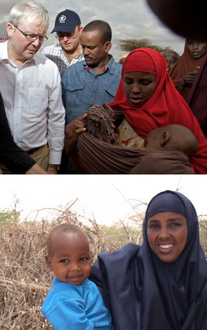 The photo on the top shows Australia’s Minister for Foreign Affairs, Kevin Rudd, meeting 18-month-old Sadak Hassan Abdi and his mother Hukun when he visited southern Somalia in 2011. Sadak was malnourished at the time. The second photo, taken 5 weeks later, shows Sadak is now healthy with the help of food supplements funded by Australia.