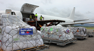 Relief supplies on tarmac unloaded from charter plane