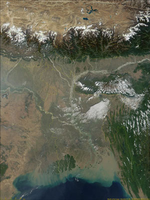 A satellite image of the Ganges River basin