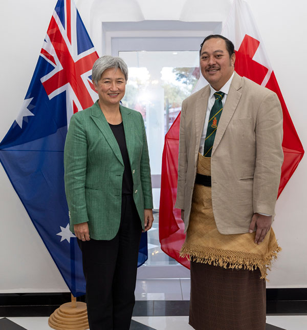 Senator the Hon Penny Wong, Minister for Foreign Affairs, with the His Royal Highness The Crown Prince Tupouto’a ‘Ulukālala, Minister for Foreign Affairs and Minister for His Majesty’s Armed Forces, during Minister Wong’s May 2025 visit to Tonga. Credit: DFAT.