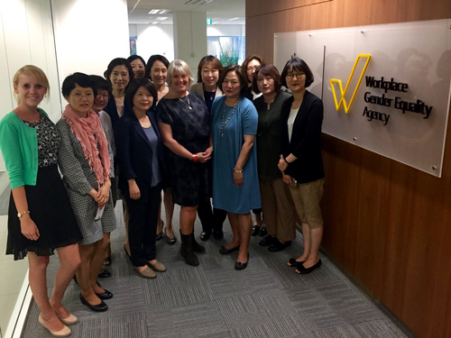 A group of Korean journalists gather in the foyer at the Workplace Gender Equality Agency in Sydney.