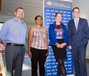 Photo of Anthony Lupi, Anusha Goonetilleke and Brigid Buick with Parliamentary  Secretary to the Minister for Foreign Affairs, Senator Brett Mason