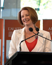 Prime Minister Julia Gillard addresses DFAT staff after Australia is successful in its bid for a two-year temporary seat on the United Nations Security Council.