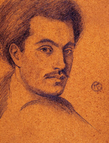 Painting of a portrait of a man with a moustache