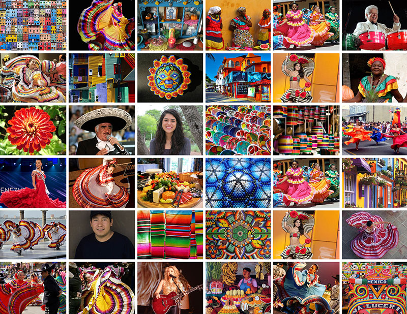 Photo collage of South American people, places, flora, food and designs
