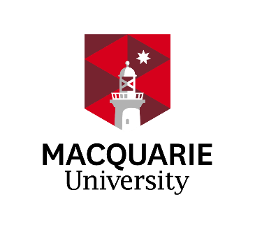 Logo of Macquarie University consisting of a white lighthouse on red shield shaped background with the words Macquarie University under it