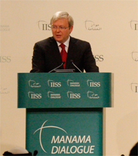 Photo of Australia Foreign Minister Kevin Rudd speaking at the 4th Plenary of the Manama Dialogue in Bahrain.