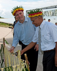 Parliamentary Secretary Marles and Hon Dr Kautu Tenaua MP, Minister for Heath and Medical Services, cutting the ribbon at the site of the new maternity ward at the Betio Hospital, Kiribati, 3 August 2012
