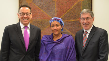 Discussing future development challenges: Senator Mason (left) with the UN's Amina Mohammed, and Ewen McDonald from DFAT.
