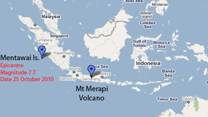 Map of the locations for both the Mentawai Islands earthquake epicentre and the Mt Merapi volcano in Java