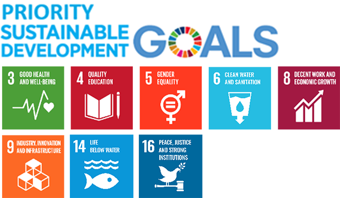Priority Sustainable Development Goals
Goal 3, Good Health and Wellbeing.
Goal 4, Quality Education. 
Goal 5, Gender Equality.
Goal 6, Clean Water and Sanitation.
Goal 8, Decent Work and Economic Growth.
Goal 9, Industry, Innovation and Infrastructure.
Goal 14, Life Below Water.
Goal 16, Peace, Justice and Strong Institutions