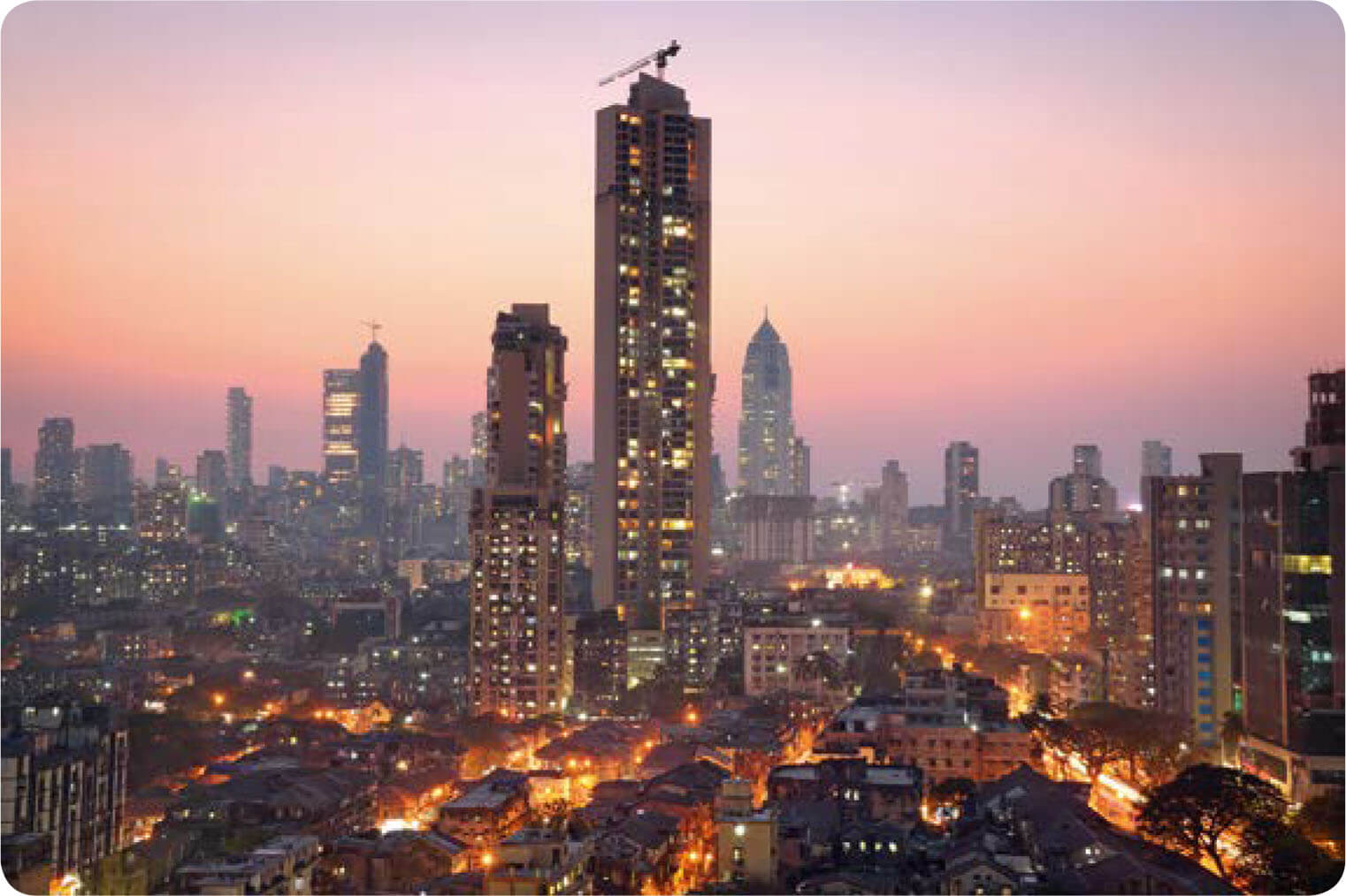 Panoramic view of south central Mumbai at dusk