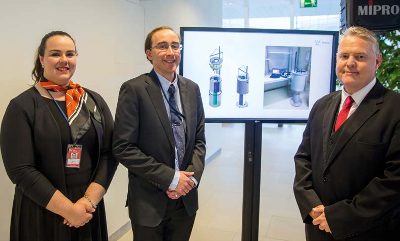 The IAEA, ASNO and ANSTO showcase the IAEA's active well coincidence counter (AWCC) detector for measuring the uranium content of solid waste from molybdenum–99 (Mo–99) radiopharmaceutical production at ANSTO during the IAEA's General Conference in September 2019, Vienna.
