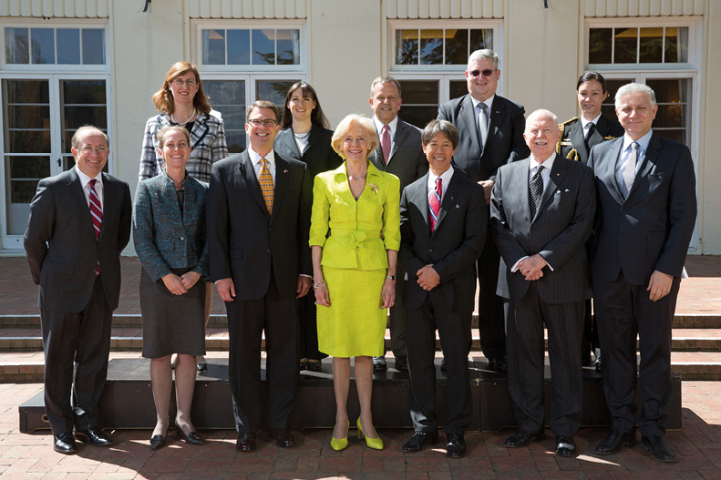 Deputy Secretary Chris Moraitis (right) representing the Foreign Minister, with then Chief of Protocol, Sally Mansfield (second left), and Deputy Chief of Protocol, Melissa Hitchman (back left), presentation of credentials, US Ambassador to Australia, HE John Berry (third left), to Governor-General Quentin Bryce AC CVO (centre), with then Official Secretary to the Governor-General, Stephen Brady CVO (left), Mr Curtis Yee (third right) and Mr Michael Bryce AM AE (second right), supported by US Embassy staff and Aide-de-Camp (Navy) to the Governor-General, Canberra, 25 September 2013