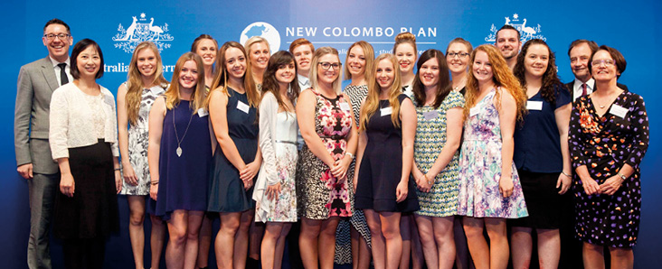 Parliamentary Secretary Brett Mason (left) with New Colombo Plan mobility grant recipients, NCP launch, Hong Kong, May 2014. [DFAT]