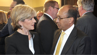 Secretary, Peter Varghese AO, with Minister for Foreign Affairs, Julie Bishop, at the launch of the Government’s new aid policy, Canberra, 18 June 2014. [Mark Graham]