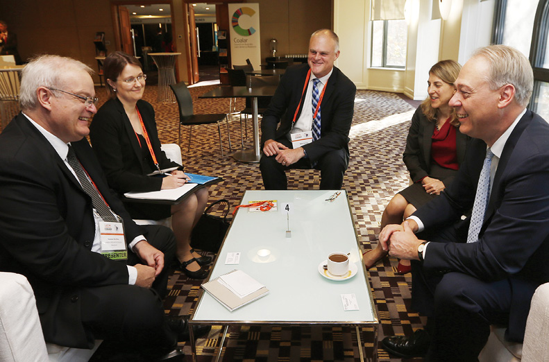 First Assistant Secretary Americas Division, Dr Brendon Hammer (right), with Ambassador to Argentina (with accreditation to Paraguay), Patricia Holmes (second right), and Assistant Secretary Brett Hackett (centre), discuss opportunities for Australia in Paraguay’s minerals sector with Paraguayan delegation leader Gustavo da Silva and colleague (left), Latin America Down Under, Sydney, May 2014. [Bryan Charlton]