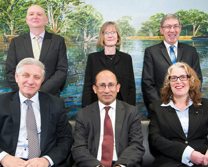 Secretary and Deputy Secretaries of the Department of Foreign Affairs and Trade (as at 30 June 2014). Left to right: (seated) Deputy Secretary Chris Moraitis PSM, Secretary Peter Varghese AO, Deputy Secretary Jan Adams PSM; (standing) Deputy Secretaries Paul Grigson, Gillian Bird PSM and Ewen McDonald. [DFAT/Nathan Fulton]