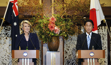 Minister for Foreign Affairs, Julie Bishop, and Japanese Foreign Minister, Fumio Kishida, following talks, Tokyo, 15 October 2013. [DFAT]