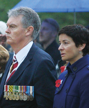 Ambassador to Belgium, Luxembourg, the European Union and NATO, Duncan Lewis AO DSC CSC (centre), with New Zealand Ambassador to Belgium, Ms Paula Wilson (right), Anzac Day Dawn Service, Polygon Wood, Belgium, 2014. [DFAT]