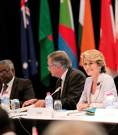 First Assistant Secretary South and West Asia Division, Paul Robilliard (centre), supports Minister for Foreign Affairs Julie Bishop chairing the IORA plenary meeting, Perth, 1 November 2013. [DFAT]