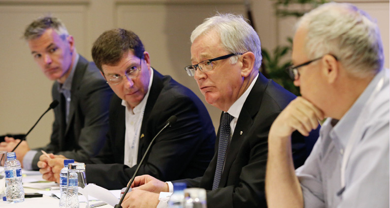 Ambassador and Permanent Representative to the WTO, Hamish McCormick (right), with Trade and Investment Minister, Andrew Robb AO (second right), at the Cairns Group Farm Leaders’ Meeting, ahead of MC9, chaired by National Farmers’ Federation President, Brent Finlay (second left), with NFF General Manager Policy, Tony Mahar, Bali, 2 December 2013