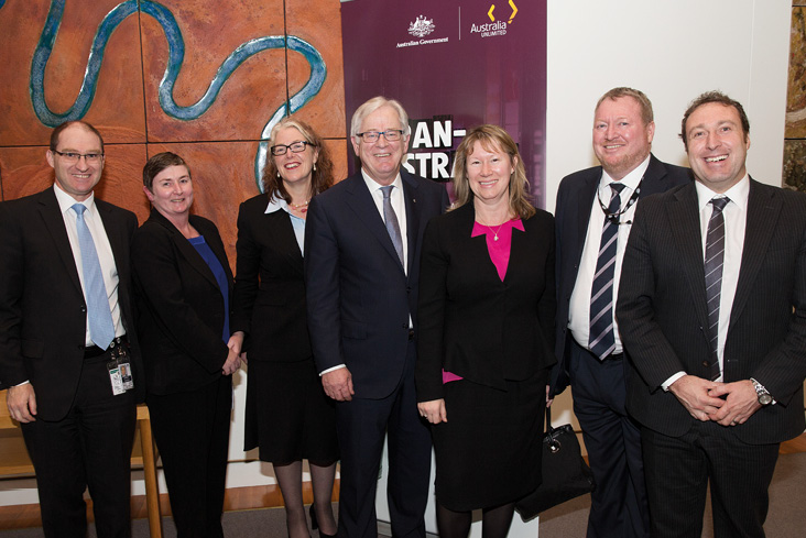 The JAEPA negotiating team leaders with Minister for Trade and Investment Andrew Robb AO. Left to right: Ken Gordon, Jennifer Meehan, Deputy Secretary Jan Adams PSM, Mr Robb, Frances Lisson, Simon Farbenbloom and Peter Roberts