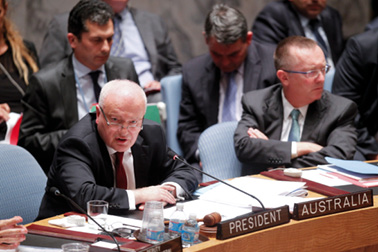 Ambassador and Permanent Representative to the United Nations, Gary Quinlan, addressing the Security Council during the debate on chemical weapons in Syria, New York, 27 September 2013. [UN Photo/Paulo Filgueiras]