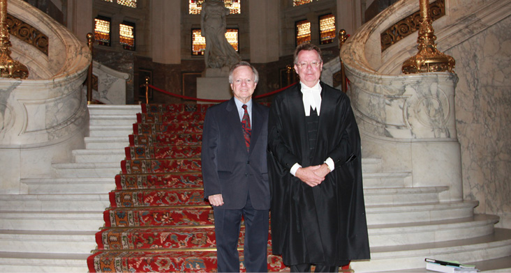 Then Senior Legal Advisor, Richard Rowe (left), with Agent of Australia, Bill Campbell QC, at the ICJ, The Hague, July 2013. [DFAT]